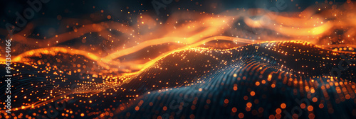 Glowing orange particles forming a dynamic wave pattern against a dark background, representing technology, energy, and motion in a visually striking and futuristic digital design..