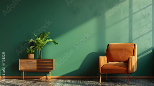 Brown armchair and wooden cabinet near green wall 