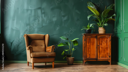 Brown armchair and wooden cabinet near green wall 
