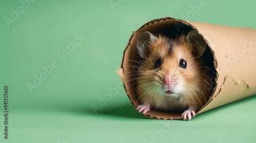 A small hamster peeks out of a cardboard tube, looking directly at the camera. The background is a solid green.