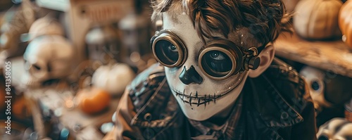 A teenager with steampunk skull face paint, tinkering with Halloween decorations, mechanical elements, vintage sepia tones