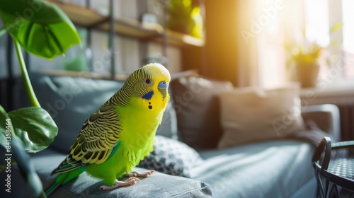 A green and yellow parakeet sits on a gray couch in a living room with a large window that lets in a lot of sunlight.