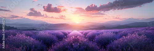 A field of lavender in full bloom with a picturesque sunset and rolling hills in the background, creating a serene and stunning landscape. 