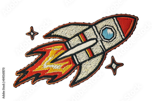 Colorful Rocket Embroidered Patch with Stars and Clouds - Cartoon Space-themed Iron-on Design