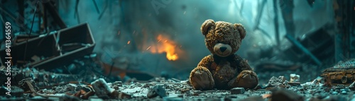 Lonely teddy bear in devastated ruins, Psychedelic, Vivid hues, Watercolor, Surreal patterns and abstract effects 8K , high-resolution, ultra HD,up32K HD