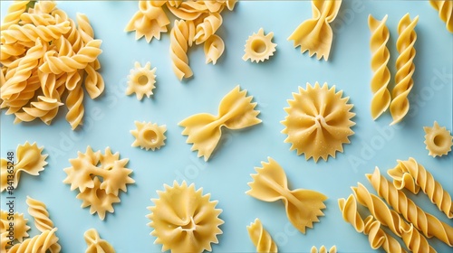 Various Types of Italian Pasta: Fettuccine, Pappardelle, Fusilli on a Light Blue Background. Assorted Italian pasta, top view
