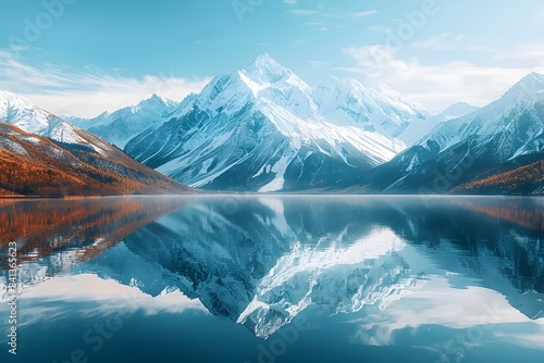 Stunning Reflection of Snow Capped Mountain Peaks in Serene Alpine Lake Landscape