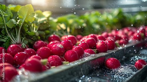 Bright red radishes being washed in a sparkling clean industrial facility, highlighting freshness and modern agricultural processing. 