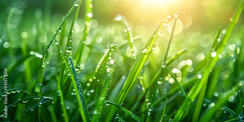  Fresh green grass banner with dew drops in morning sunlight Beautiful nature closeup field, Closeup of dewy grass sparkling in the morning sun in the background 