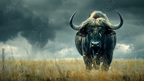 Powerful Buffalo Standing Amidst Stormy Skies on Grassy Plain Wildlife Portrait Concept