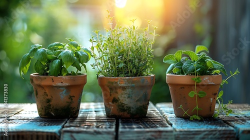 Fresh herbs in terracotta pots on a rustic wooden table with a sunlit garden backdrop, ideal for culinary or gardening themes. 