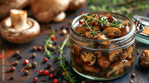 Close-up of a jar filled with marinated mushrooms, garnished with fresh thyme and peppercorns, surrounded by scattered spices and herbs, vibrant color. Generative AI.