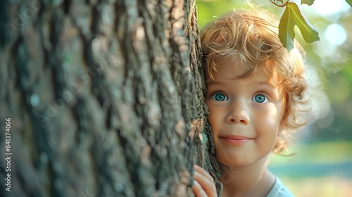 Playful Child Peeking Mischievously from Behind Tree in Natural Setting Capturing Youthful Emotion and Curiosity