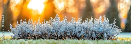 A close-up of lavender plants covered in frost, bathed in the warm glow of the rising sun