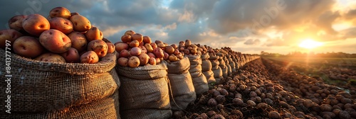 Freshly harvested potatoes in burlap sacks, stacked neatly on a farm under the evening sky, ideal for farm-fresh and natural product advertisements. 