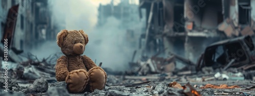 Ruins, kids teddy bear toys burned over the city, war conflict, earthquake or world war fire and smoke for children peace innocence as copy space banner, 4k HD wallpaper, background, generated by AI.