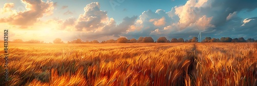 Golden rye field with a windmill in the background under a bright sunny sky, capturing a classic and serene rural scene. 