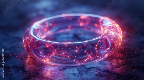 The image shows a glowing purple and blue ring floating above a dark surface. The ring is made of a strange material that seems to be glowing from within.