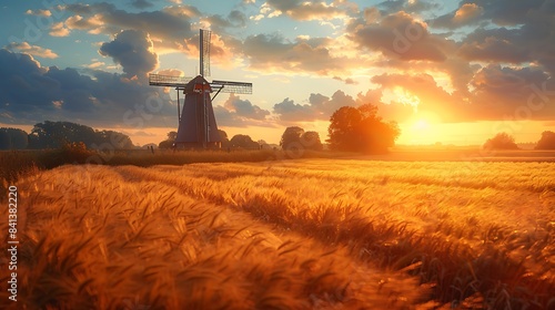 Golden rye field with a windmill in the background under a bright sunny sky, capturing a classic and serene rural scene. 