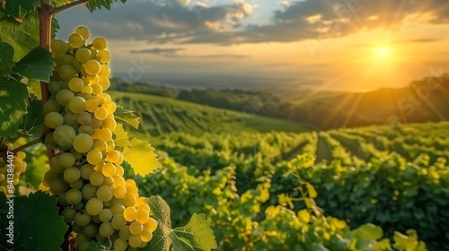 Lush green vineyard with grapes hanging from the vines under a bright sunny sky. 