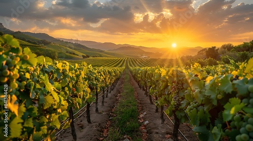 Lush green vineyard with grapes hanging from the vines under a bright sunny sky. 