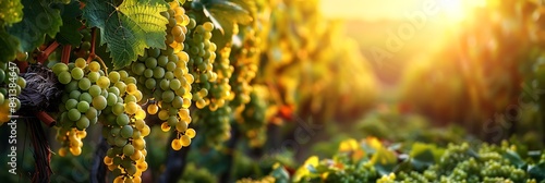 Lush green vineyard with grapes hanging from the vines under a bright sunny sky. 