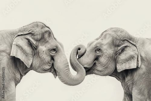 Elephants trunk touching in beautiful black and white wildlife photograph for travel and nature enthusiasts