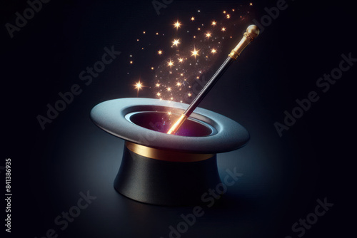 Magic hat and magic wand Isolated on black background