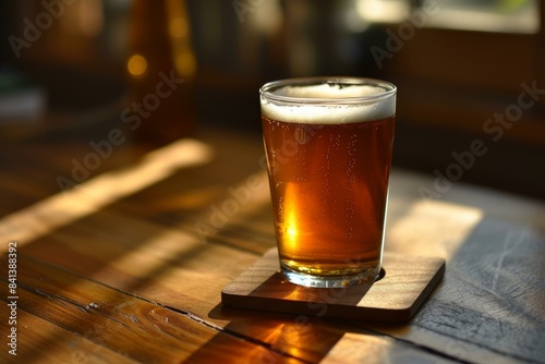 Absorptive Colorful beer coaster on wooden table. Element sticker ale beverage bar. Generate Ai