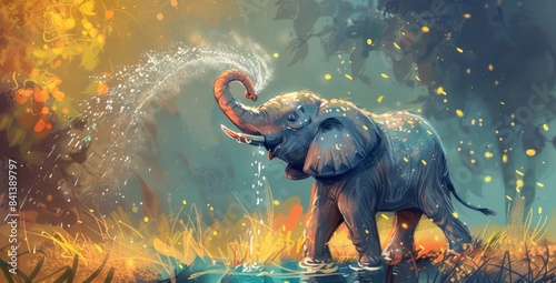 A painting of a baby elephant spraying water from its trunk