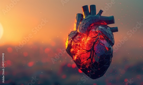 Low poly style illustration of a human heart, mosaic-like appearance