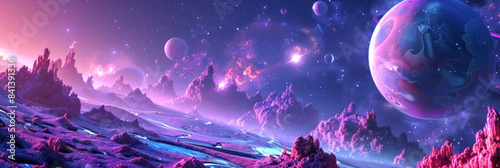 Venture into a stunning extraterrestrial landscapes with a vibrant purple planet and a myriad of stars