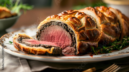 Beef Wellington - tenderloin or filet mignon coated with pâté and duxelles, wrapped in puff pastry and baked