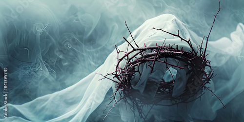 cross with robe and crown of thorns against sky calvary and resurrection concept 