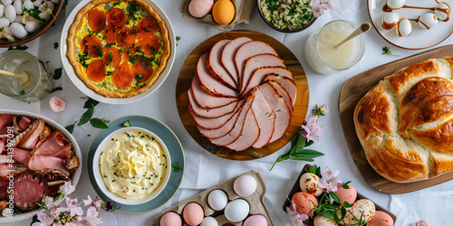table set for a meal with various dishes and decorations. There is a large platter of spiral-cut ham, a pie with a golden crust, a bowl of soup, a bowl of salad, a plate of pastries, and a candle. 