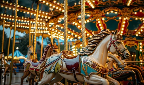 Vintage carousel with ornate horses painted in classic colors, Generative AI