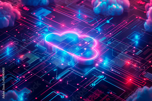 Neon glowing cloud symbol on a digital circuit board with clouds, neon pink and blue colors on a dark background, concept of cloud computing. Generative AI