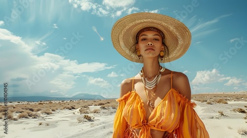 Bohemian inspired fashion in a desert landscape woman in flowy maxi dress and wide brimmed hat