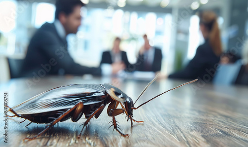 A close-up of a cockroach on a conference table in a bright office setting, with blurred businesspeople in the background, highlighting an unexpected and unpleasant disruption during a meeting.