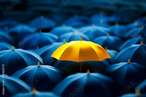 A yellow umbrella stands out among many blue umbrellas, symbolizing uniqueness on a dark background. Generative AI