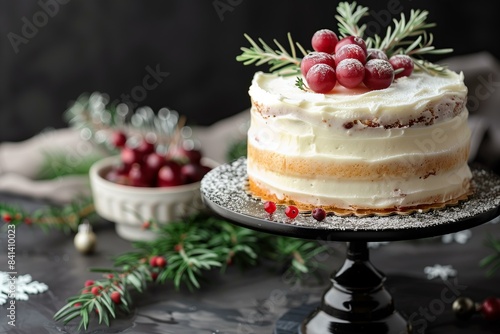 white frosted cake with sugared fruit and rosemary on top, elegant black background, festive Christmas holiday setting