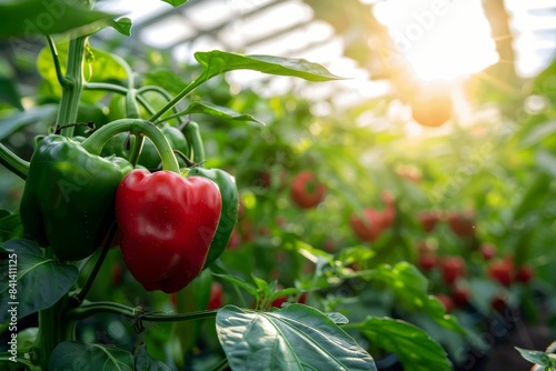 In a greenhouse, sweet peppers are growing close up in sunlight. Fresh juicy red green peppers hang from branches in the sun. Agriculture - huge crop of peppers with free space.
