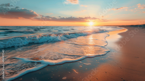 Gentle waves lapping a serene sandy beach at sunset with reflections on the water