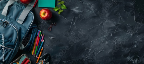 On the blackboard, a backpack is filled with school supplies, books, and notebooks. This image is a concept of back to school.