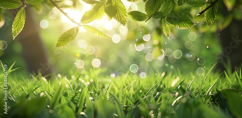 In the morning light, drops of dew sparkle on a lush green meadow grass in a spring summer background.