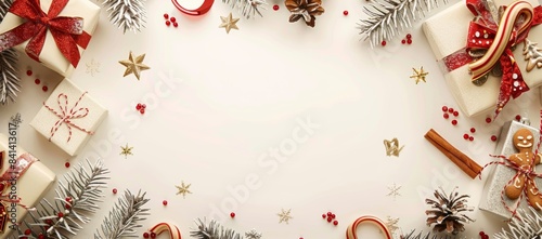 This composition features a golden gift box with a red ribbon, fir branches, cones, stars, Christmas cookies, cinnamon, the top view, and copy space.