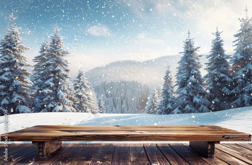 Landscape with copy space depicting winter scenes of snowy trees, snowdrifts, and snowfall against blue skies on a sunny day outdoors in nature.