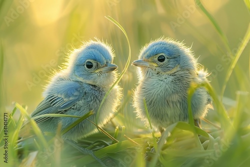A pair of baby bluebirds perched on blades of grass, their bright eyes wide with curiosity as they take in their new surroundings outside the nest