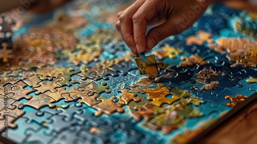 A close-up shot of a person's hand placing a piece in a colorful jigsaw puzzle on a wooden table, under warm, soft lighting.