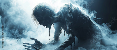 Terrifying Zombie Emerging from Mist with Eerie Blue Light and Haunting Atmosphere